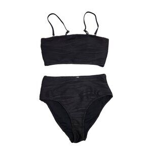 Black Textured Womens High-Waisted Bikini Set Swimsuit Adjustable Straps Size S